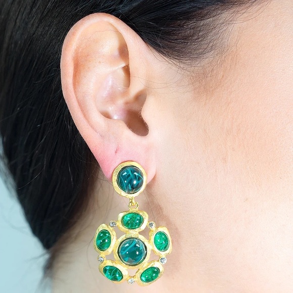 Kenneth‎ Jay Lane Emerald Cabochons Drop Clip Earring New - Picture 2 of 3